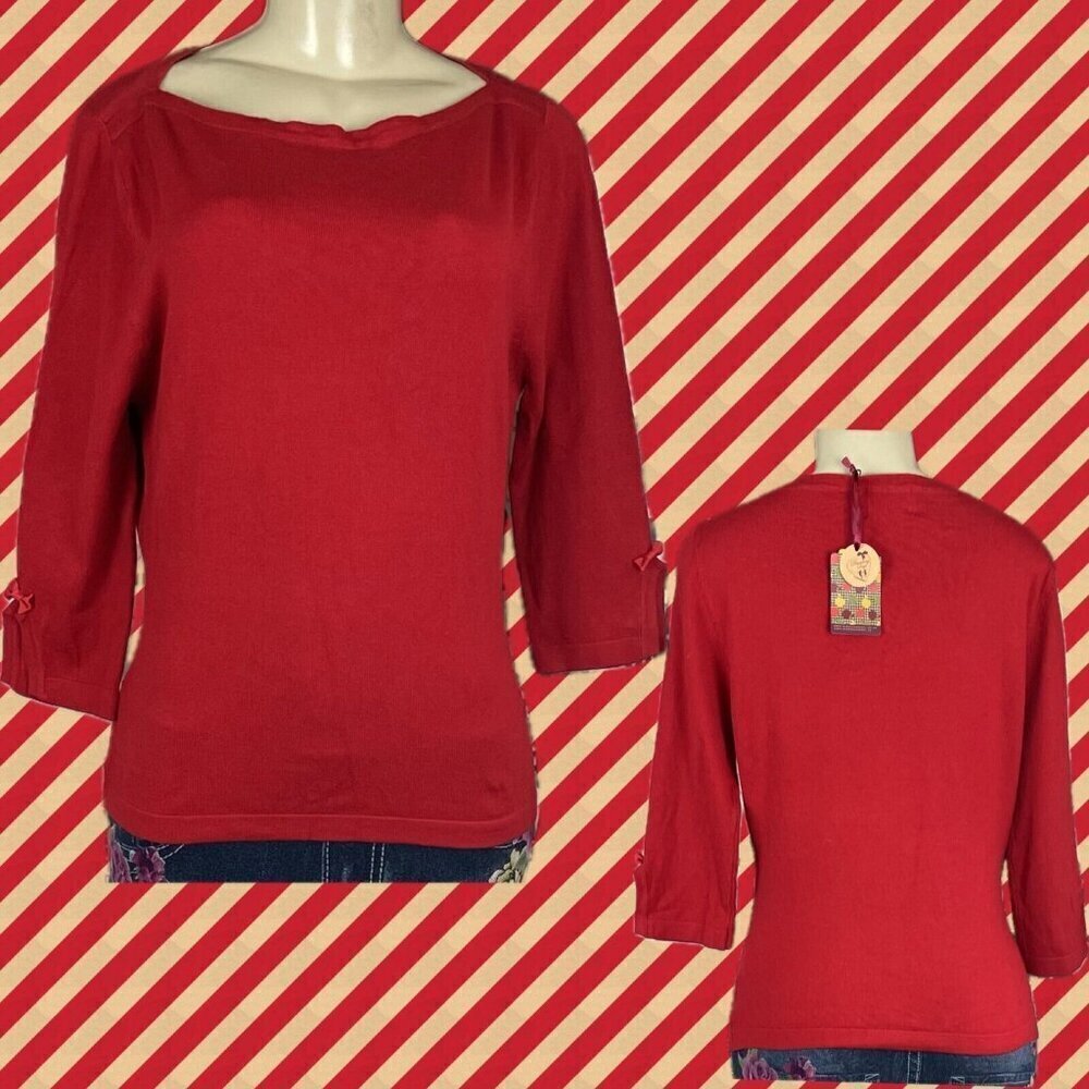 Dancing Days By Banned Vintage L Red Bateau Neck 3/4 Split Bow Detail Sleeve Top